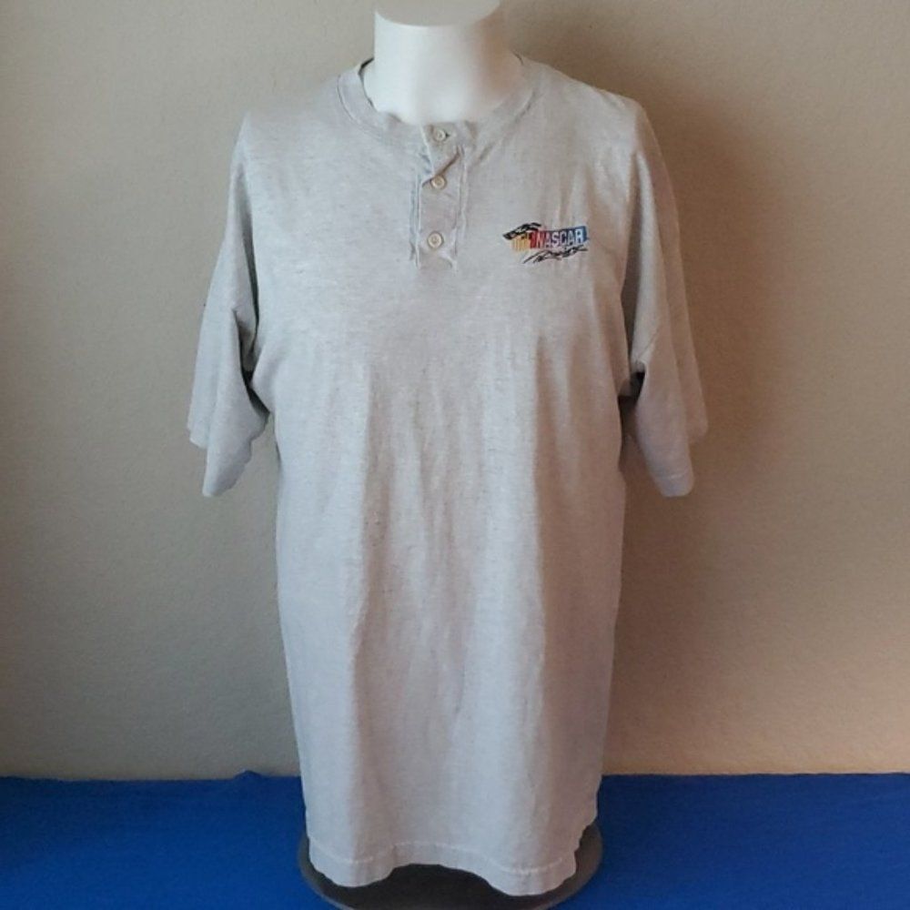 Vintage 90s NASCAR embroidered henley shirt Ash City Mens Large Grey Cotton